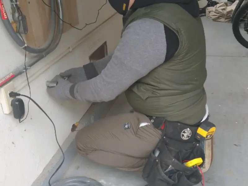 Electrician performing outlet wiring in a McComb garage